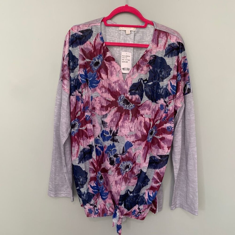 NEW Suzanne Betro Top Women 4X Gray Purple Floral V-Neck Tie Front Long Sleeve
